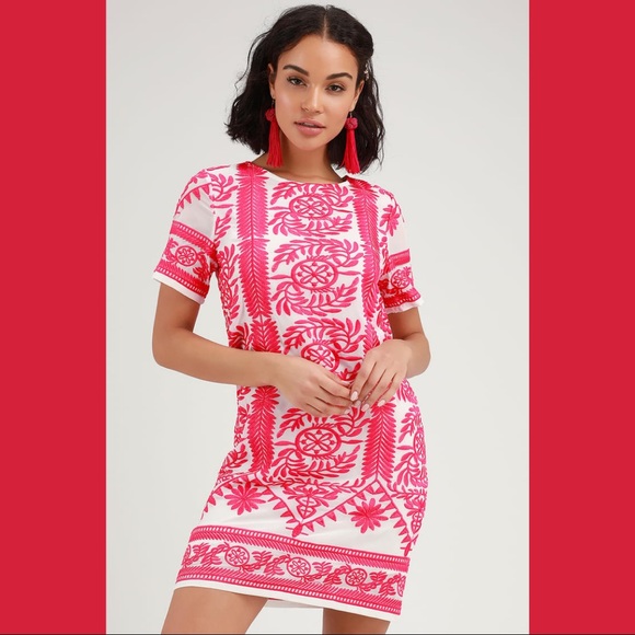 Lulus Dresses & Skirts - Lulus Hot Pink Embroidered Short Sleeve Dress